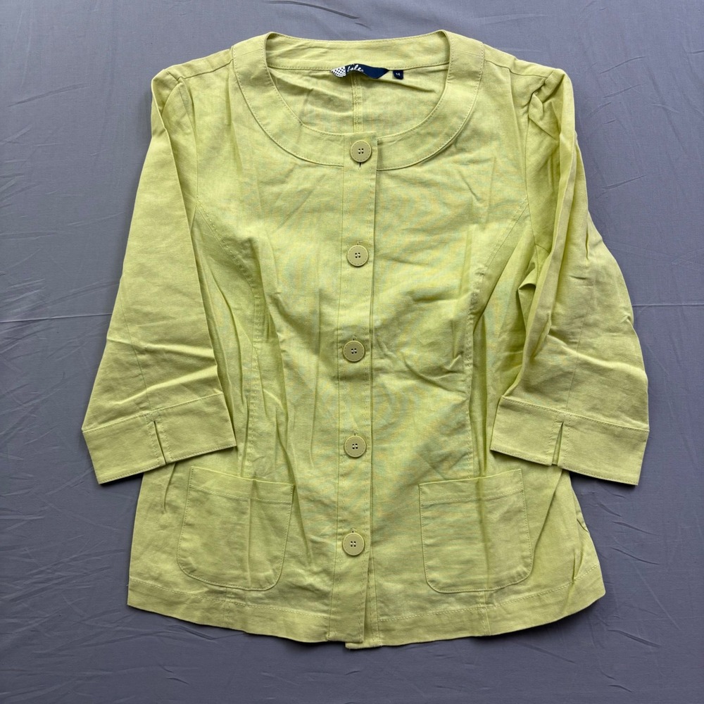 Isle Lime Green Linen Blend Button Front 3/4 Sleeve Jacket Blazer Size 14 Office